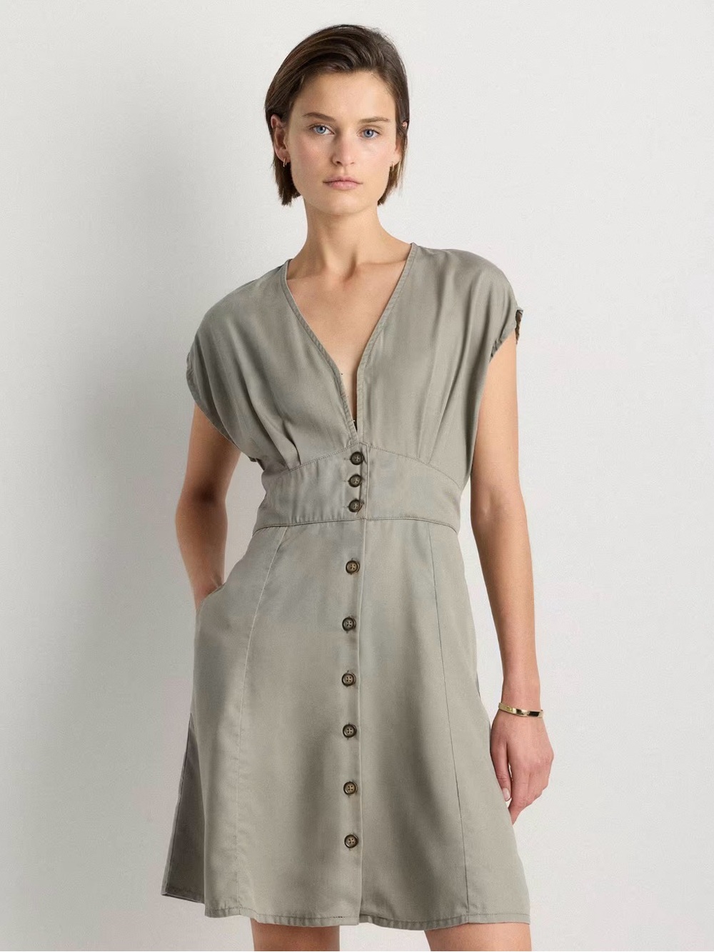 Quince 100% Lyocell Vintage Wash Tencel Button Front Dress in Olive NWOT
